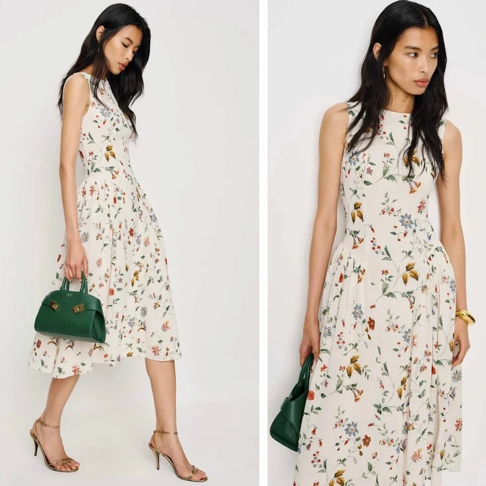 Reformation Anelis Boat Neck Drop Waist Floral Sleeveless Cocktail Midi Dress - Picture 1 of 16